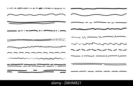 Unterstreichen Sie Kritzelzeilen. Stift mit schwarzer Tinte handgeschriebene Markierungen oder Ränder, Marker oder Bleistift handgezeichnete Skizzenlinien oder Trennlinien, Pinselstriche, Vektorunterstriche oder Grunge-Trenner Stock Vektor