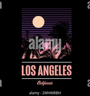 T-Shirt-Grafik mit Los Angeles, Kalifornien. Fenster mit Rollläden und Sonnenuntergang am Himmel. Palmen am Strand. Vinatge-80s-Design Stock Vektor