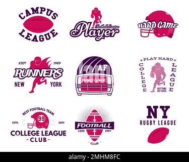 American Football-Logo-Vorlagen in Rot und Violett. Rugby-Abzeichen isoliert auf weißem Hintergrund. Sports Labels Kollektion. Lagervektorbeleuchtung Stock Vektor