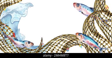 Banner mit Sardinen und Fischnetz, wasserfarbene Darstellung, isoliert auf Weiß. Frischer Fisch und Wasserwelle von Hand gezeichnet. Designelement für Verpackung, Label, Herren Stockfoto