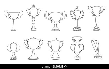 Sieger-Cup-Ikon-Vektor im Doodle-Stil. Symbol für den ersten Platz. Champion Cup im Kritzelstil. Auszeichnungen, Pokale, Sterne. Stock Vektor