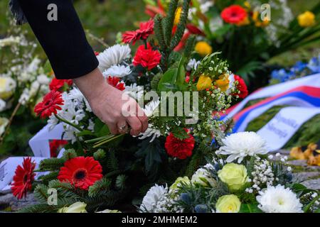 Magdeburg, Deutschland. 27. Januar 2023. Ein Mann legt Blumen an der Magda-Gedenkstätte. Der international beobachtete Holocaust-Gedenktag am 27. Januar erinnert an die Befreiung des deutschen Todeslagers Auschwitz im Jahr 1945. Das Magda-Unterlager befand sich am Ort der Gedenkstätte. Kredit: Klaus-Dietmar Gabbert/dpa/Alamy Live News Stockfoto