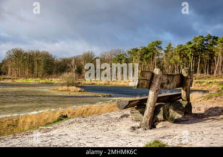 Holzbank an einem Sandstrand an einem See nahe Tilburg, Niederlande unter sonnigen, aber kalten und windigen Wetterbedingungen Stockfoto