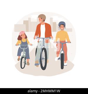 Familien-Radfahren isolierte Cartoon-Vektordarstellung. Lächelnde Eltern und Kinder, die zusammen auf Fahrrädern fahren, glückliche Kindheit, Leute, die Spaß haben, Familienleben, körperliche Aktivität Vektorfilm. Stock Vektor