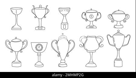 Sieger-Cup-Ikon-Vektor im Doodle-Stil. Symbol für den ersten Platz. Champion Cup im Kritzelstil. Auszeichnungen, Pokale, Sterne. Stock Vektor