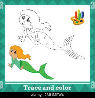 Verlaufslinie und Farbe für Kinder, Meerjungfrauenvektor-Illustration. Stock Vektor