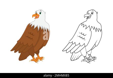 Fröhlicher Cartoon-Adler mit Strichzeichnung, Adler-Skizze farblose Seite isoliert auf weißem Hintergrund. Stock Vektor