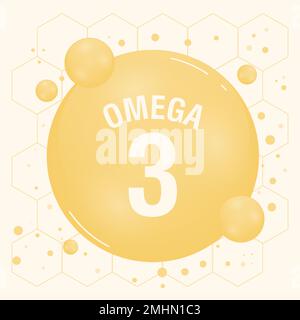 Omega-3-Goldsymbol. Vitamintropfen Kapsel. Glänzendes goldenes Essenz Tröpfchen. Vektorgrafik Stock Vektor