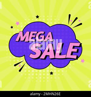 Comic-Sprechblase mit Ausdruckstext Mega Sale. Vektorgrafik mit leuchtenden dynamischen Cartoons im Retro-Pop-Art-Stil, isoliert auf gelbem Hintergrund Stock Vektor