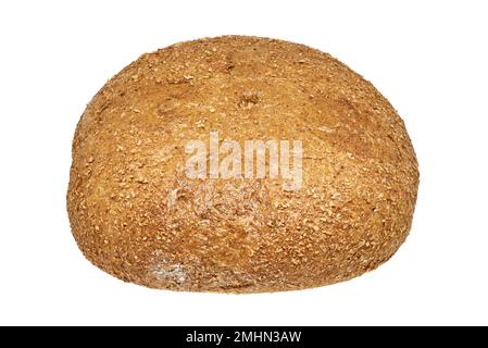 Bild eines frisch gebackenen runden Brotlaibs auf weißem Hintergrund Stockfoto