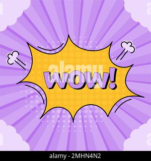 Comic-Sprechblase mit Ausdruckstext Wow. Leuchtende dynamische Cartoon-Illustrationen im Retro-Pop-Art-Stil, isoliert auf lila Hintergrund. Vektor Stock Vektor
