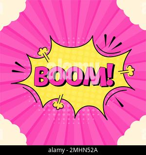 Comic-Sprechblase mit Ausdruckstext-Boom. Leuchtende dynamische Cartoon-Illustrationen im Retro-Pop-Art-Stil auf pinkfarbenem Hintergrund. Vektor Stock Vektor