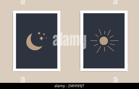Sonne- und Monduntergang Mitte des Jahrhunderts, skandinavische moderne Kunst, minimaler abstrakter geometrischer Druck. Boho-Wanddekor. Flache Vektordarstellung Stock Vektor
