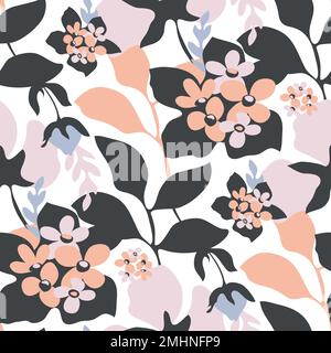 Nahtloses Vektormuster mit Blumenmuster. Blaue, rosa, dunkle und beige Blumen und Blätter Stock Vektor