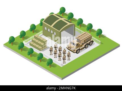 Baudesign Armee bewaffnete Truppen isometrische bewaffnete militärische Transportobjekte und Kriegsausrüstung Grafikelemente Panzermaschine 3D Illustration Stock Vektor