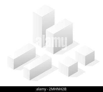 Eine vektorisometrische Darstellung einer weißen Stadt auf weißen Straßen Stadtgebäude moderne Stadthäuser und Wolkenkratzer. Eine isometrische Erkrankung in Papierform Stock Vektor
