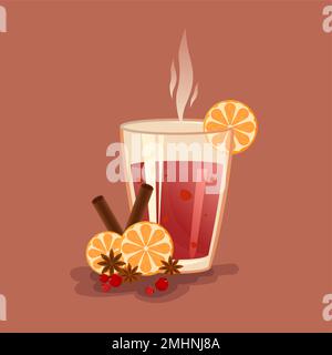 Glühwein in einem Glas mit Orangen, Zimt, Badian und Beeren. Die Luftblasen und der Dampf sorgen für Wärme und Behaglichkeit. Stock Vektor