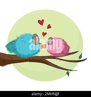 Schöne Vektordarstellung von zwei kleinen Vögeln, die sich lieben und auf einem Ast küssen, mit einem großen Mond im Hintergrund. Valentinskarte Stock Vektor