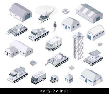 Es gibt Militärfahrzeuge und Kriegsausrüstung in der Winterarmee bewaffnete Truppen Grafikelemente Panzermaschine 3D Illustration. Es kann für digitale Anwendungen verwendet werden Stock Vektor