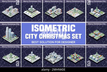 Isometrische Darstellung einer Stadt basierend auf dreidimensionaler Projektion von Häusern, Gebäuden, Autos und anderen Designelementen. Es ist Weihnachten 3D Stock Vektor