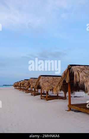 Liegestühle und Sonnenschirme vor Sonnenuntergang an einem leeren Strand. Stockfoto