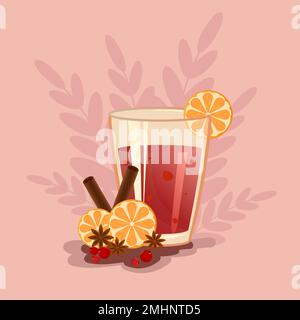 Glühwein in einem Glas mit Orangen, Zimt, Badian und Beeren. Abbildung auf hellem Hintergrund mit durchsichtigen Blättern. Stock Vektor
