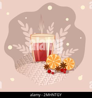 Glühwein in einem Glas, auf einem warmen Karomuster mit Orangen, Zimt, Badjan und Beeren. Stock Vektor