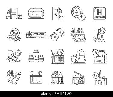 Wasserstoffsymbole. Symbole für erneuerbare und nachhaltige Energiequellen. Wasserstoffgas Kraftstoff dünne Linien Piktogramme, grüne Stromlinien Vektorsymbole mit Gastank, Laborkolben und Solarkraftwerk Stock Vektor