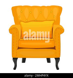 Gelber Sessel mit Kissen. Weicher Sessel mit Polsterung. Klassische gepolsterte Möbel. Retro-Sessel oder -Couch zum Ausruhen und Entspannen. Vektordarstellung Stock Vektor