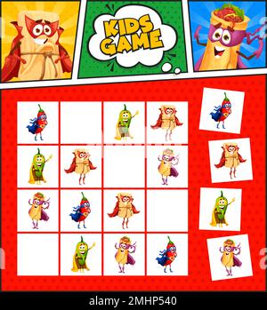 Sudoku Kinder spielen Retro-Comics von mexikanischen Superhelden. Vector Boardgame Worksheet, finde Box mit Jalapeno-Pfeffer, Tamales und Burrito Superhelden Cartoon Personages, Freizeitspriddle Stock Vektor