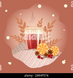Glühwein in einem Glas, steht auf einer warmen Decke mit Orange, Zimt, Badjan und Beeren. Stock Vektor