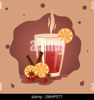 Glühwein in einem Glas mit Orange, Zimt, Badjan und Beeren. Die Luftblasen und der Dampf sorgen für Wärme und Behaglichkeit. Stock Vektor