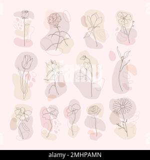 Blume handgezeichnete Vektor-Set einzeilige Kunst mit rosa memphis-Design Stock Vektor