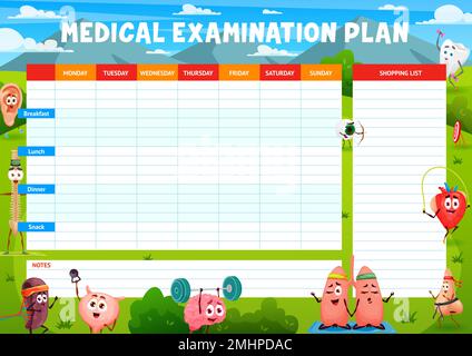 Medizinischer Untersuchungsplan, Cartoon lustige menschliche Organe Charaktere, Vektor wöchentliche Essensplaner. Medizinischer Check-up Plan oder Ess Organisator der Diät Zeitplan mit Herz, Gehirn und Nieren auf Sporttauglichkeit Stock Vektor