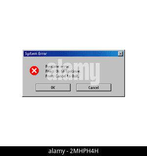 Fehlermeldungsfenster auf dem Warnbildschirm des Computersystems, Vektor-Popup-Meldung. Optionsschaltfläche für Laufzeitfehler oder PC-Warnmeldungsfenster zum Abbrechen, Beenden und Fortfahren, Benachrichtigung über Systemfehler des Computers Stock Vektor