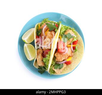 Leckere Fisch-Tacos isoliert auf Weiß, Draufsicht Stockfoto