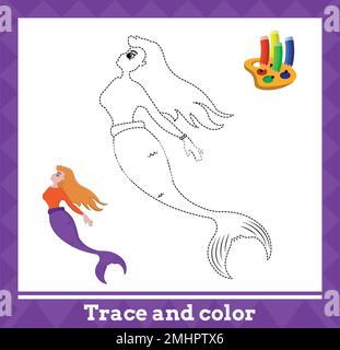 Verlaufslinie und Farbe für Kinder, Meerjungfrauenvektor-Illustration. Stock Vektor