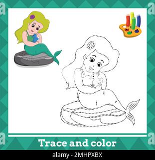 Verlaufslinie und Farbe für Kinder, Meerjungfrauenvektor-Illustration. Stock Vektor