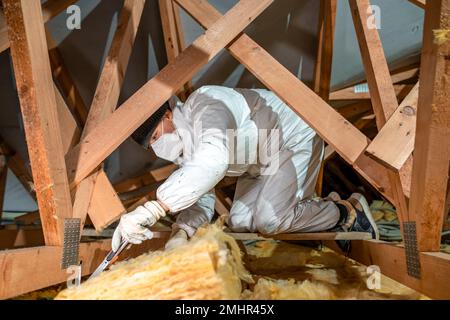 Schneiden von Glaswolle zur Isolierung von Räumen Stockfoto