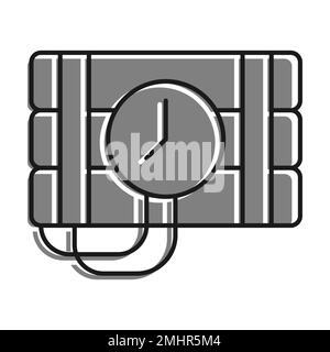 Lineares Symbol mit grauer Füllung einer Reihe von Zylindern mit Dynamite. Timer An Mit Uhr An Sprengstoff. Einfacher Schwarzweiß-Vektor isoliert auf w Stock Vektor