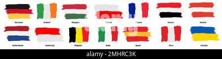 Set von Weltflaggen in Grunge-Pinselstrich. Vektordarstellung Stock Vektor