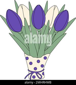Süßes Bouquet aus farbenfrohen Frühlings-Tulpen in Geschenkpapier in trendigen, hellen Farbtönen in einem minimalistischen Stil. Aufkleber. Isolieren. Glücklicher Frauentag. Geeignet für Poster, Banner, Grußkarten, Einladungskarten oder Etiketten. EPS Stock Vektor