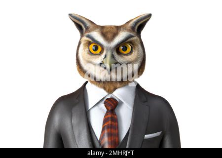 Porträt von Eule in einem Business-Anzug – Digitale 3D-Illustration auf weißem Hintergrund Stockfoto