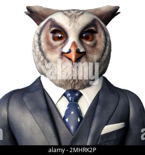 Porträt von Eule in einem Business-Anzug – Digitale 3D-Illustration auf weißem Hintergrund Stockfoto