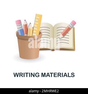 Symbol "Schreibmaterial". 3D Abbildung aus der Arbeitsplatzsammlung. Creative Writing Materials 3D Symbol für Webdesign, Vorlagen, Infografiken und Stock Vektor