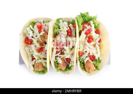 Leckere Fisch-Tacos isoliert auf Weiß, über der Aussicht Stockfoto