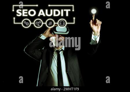 Textschild mit Seo Audit. Business Approach Search Engine Optimization Validieren und Verifizieren des Prozesses Stockfoto