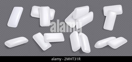 Weißes Kaugummi, Minzbonbons für frischen Atem. Haufenweise süße Menthol-Kaugummi-Pads, kauende Bonbons auf transparentem Hintergrund isoliert, Vektor-realistische Illustration Stock Vektor