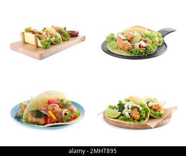 Set aus köstlichen frischen Fisch-Tacos auf weißem Hintergrund Stockfoto