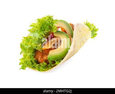 Köstlicher Fisch-Taco mit Avocado isoliert auf Weiß Stockfoto